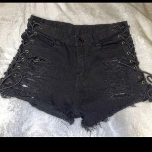 Black tie up jean shorts